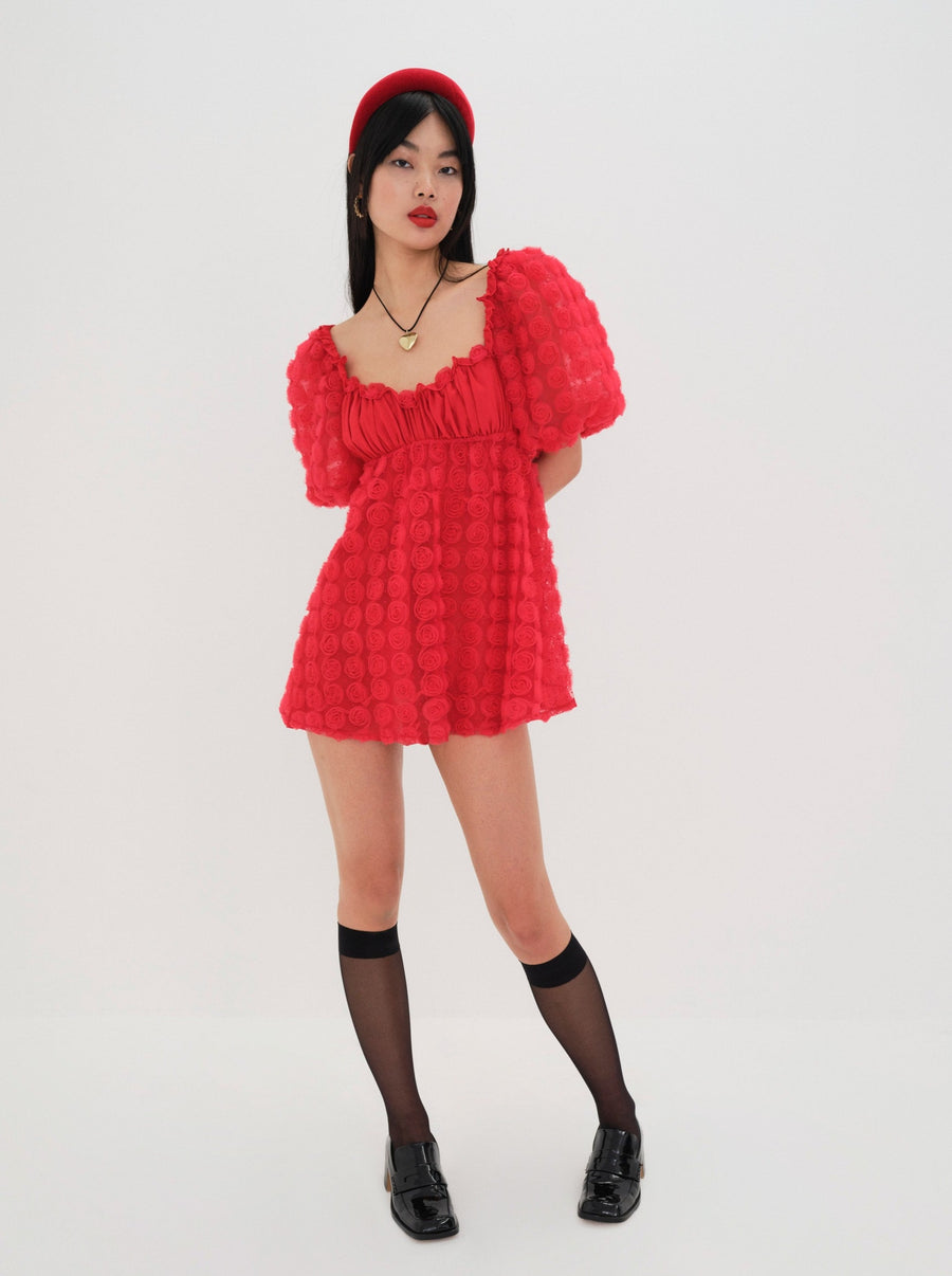 hannah mini dress For Love & Lemons Chiffon Rose Applique Mini Dress